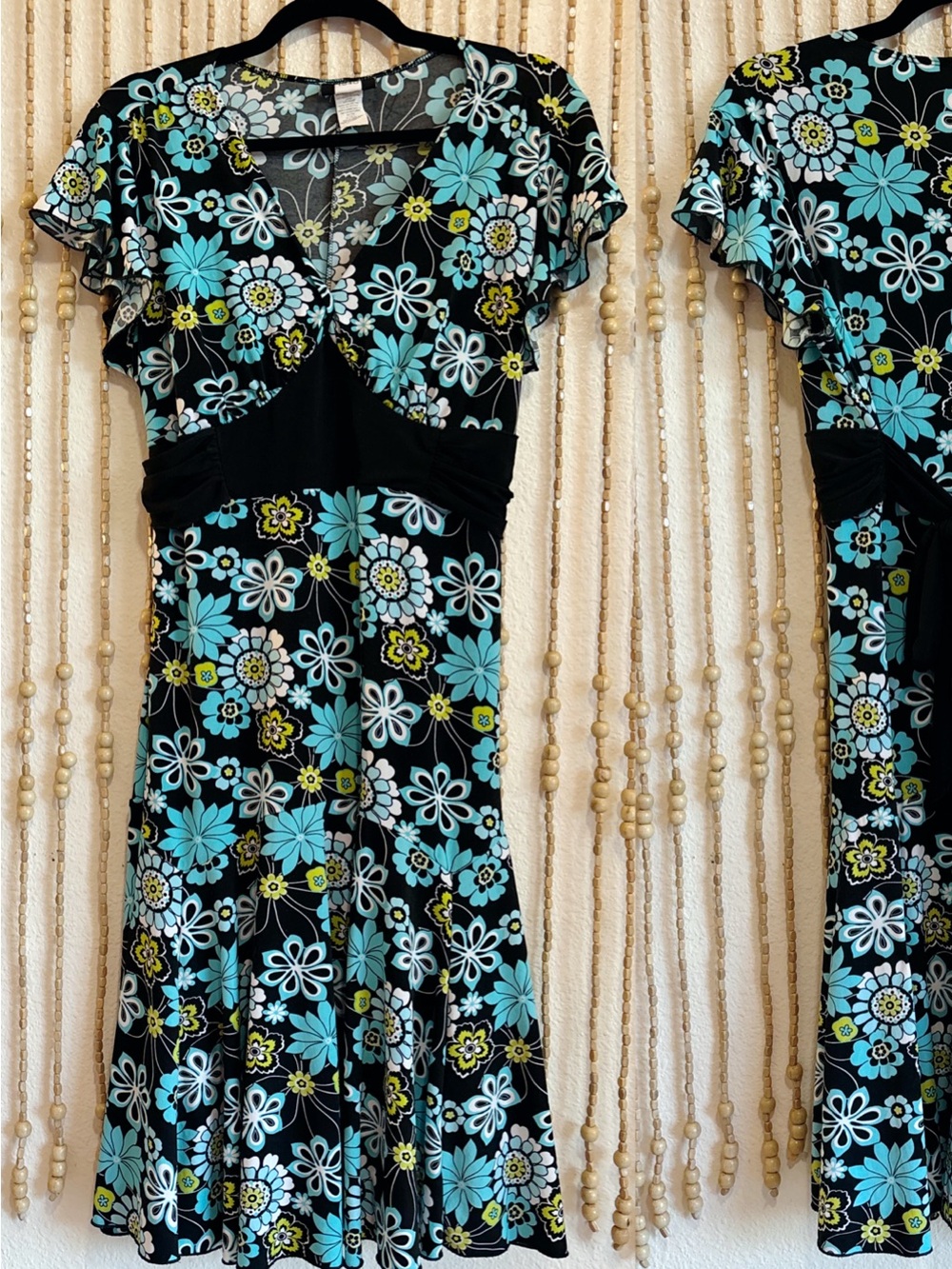 Vintage Y2K Blue Green Floral Boho Twee Girlhood Core Empire Short Sleeve Dress